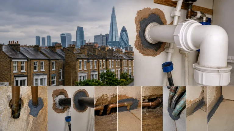 Mouse proofing in a London home showing sealed pipe gaps, service routes and floor-level access points.